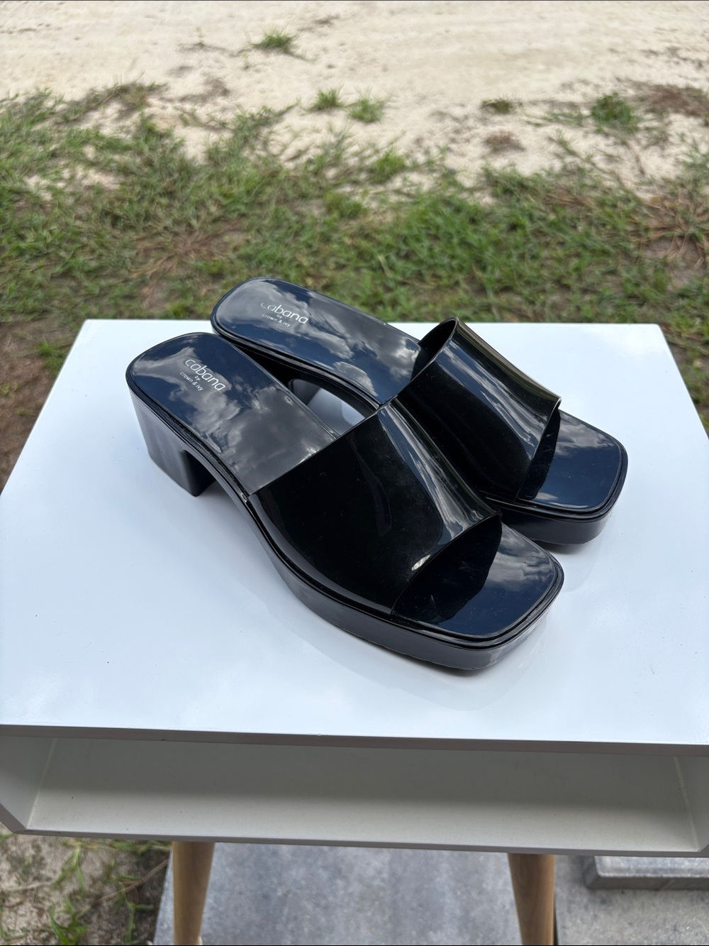 crown & ivy Black Patent Slide Mule with Block Heel